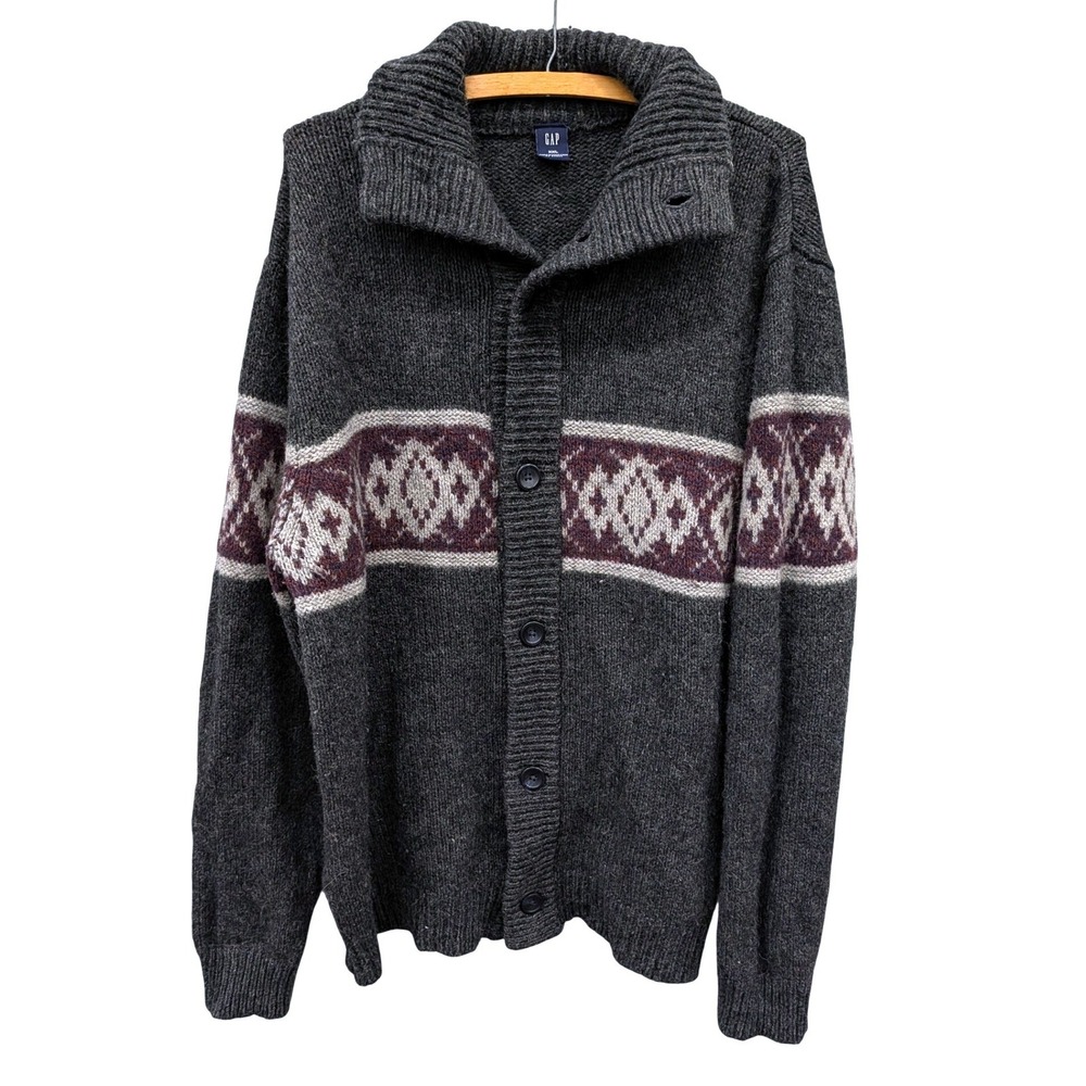 Vintage Gap Men's Gray Wool Camel Hair Fair Isle Button Front Cardigan- XXL